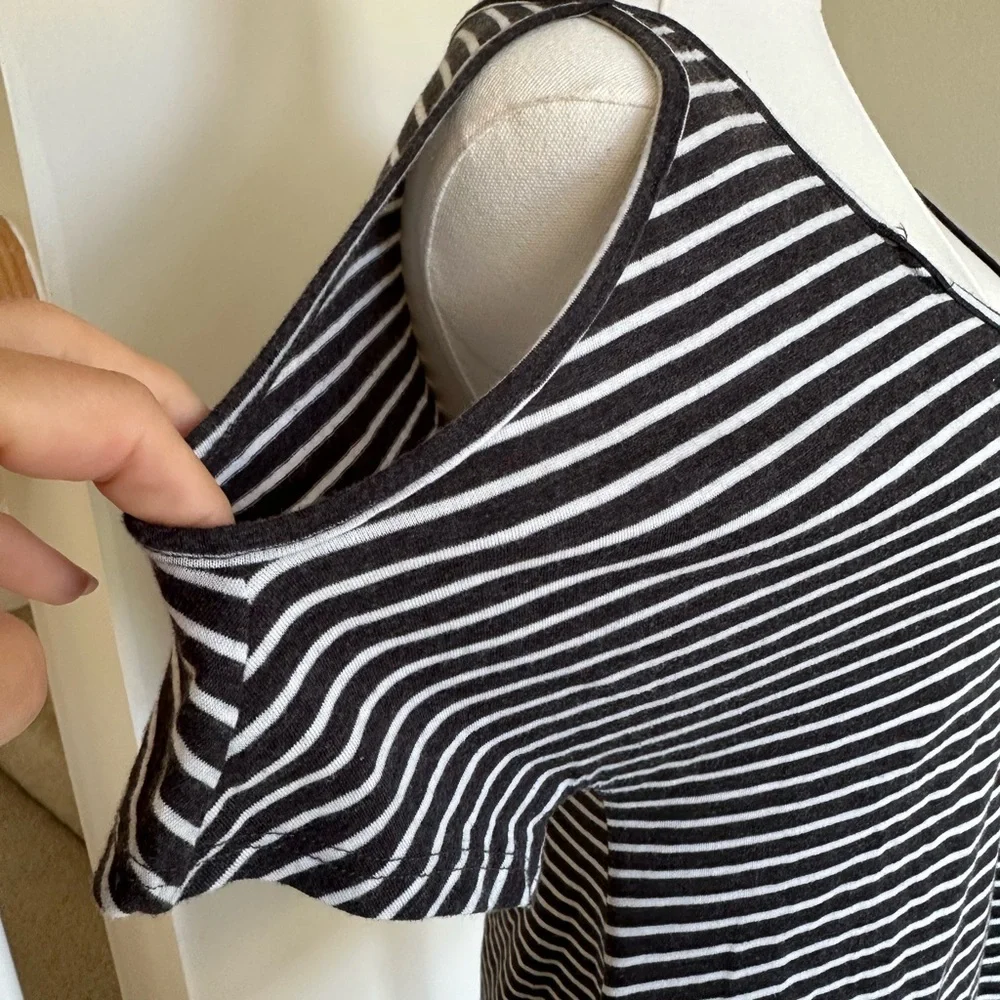 Cold Shoulder Black/White Striped Shirt- Large